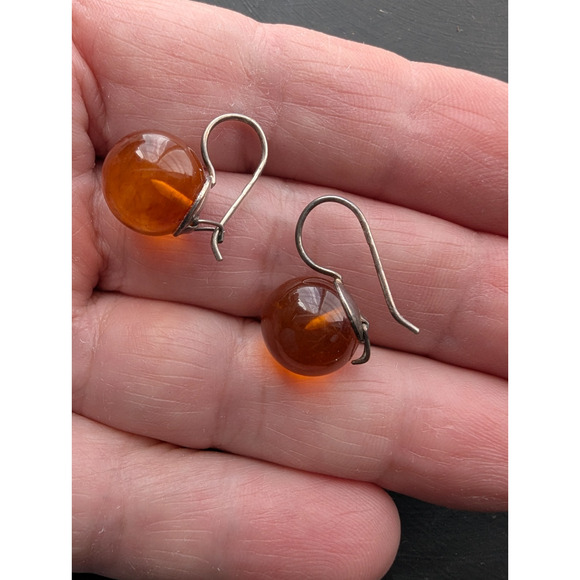Vintage Sterling Silver and Amber Spherical Drop Earrings Pierced Ears 925 - Picture 6 of 8